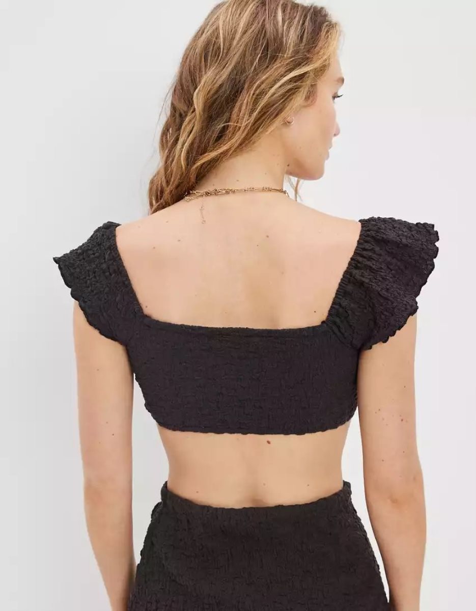 Chemises American Eagle AE Flutter Sleeve Super Cropped Top Noir Femme | KZV-63177834